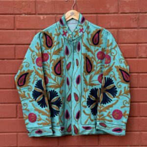 Womens Teal Blue Velvet Embroidered Jacket with Floral Design